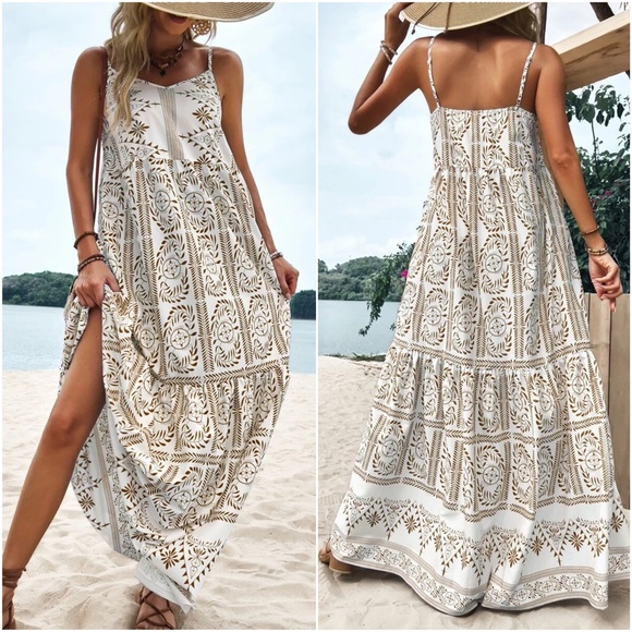 Boho Tropical Plants Print Cami Maxi Dress - Picture 2 of 6